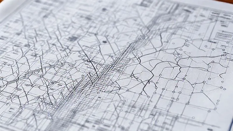 A highly detailed, intricate blueprint or schematic of a complex legal agreement, with various lines and connections crisscrossing, highlighting points of potential stress or failure. Photorealistic, professional photography, 8K, cinematic lighting, sharp focus, depth of field, shot on a high-end DSLR.