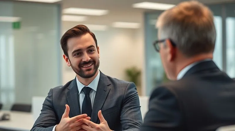 A professional male or female, dressed in business attire, speaking confidently and clearly while making eye contact with an unseen interviewer, with a slight, reassuring smile. The setting is a modern, clean office. Photorealistic, professional photography, 8K, cinematic lighting, sharp focus, depth of field, shot on a high-end DSLR.
