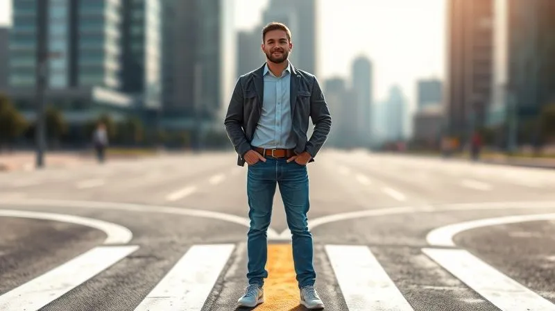 A person standing confidently at a crossroads with a clear, bright path ahead, symbolizing a successful journey through challenges and a promising future. The background is slightly blurred but suggests a vibrant, modern city. Photorealistic, professional photography, 8K, cinematic lighting, sharp focus, depth of field, shot on a high-end DSLR.