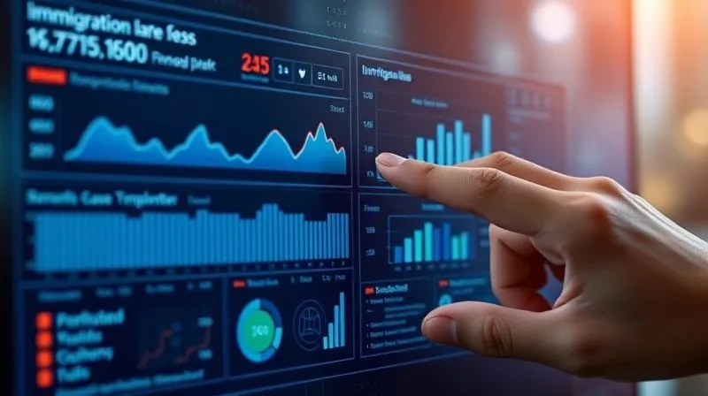 A photorealistic, sleek digital interface displaying immigration case management data, timelines, and alerts, with subtle AI-generated graphs and insights. A professional hand interacts with a touchscreen, symbolizing efficient, technology-driven compliance. 8K, cinematic lighting, sharp focus, depth of field.