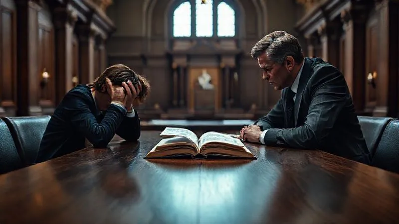 Photorealistic, professional photography, 8K, cinematic lighting, sharp focus, depth of field, shot on a high-end DSLR. A distressed client, head in hands, sitting across a large, dark oak desk from a composed, empathetic lawyer who is leaning forward, speaking gravely. A thick, open law book is between them. The background is blurred, showing the imposing architecture of a courthouse interior, conveying the weight of the legal system.