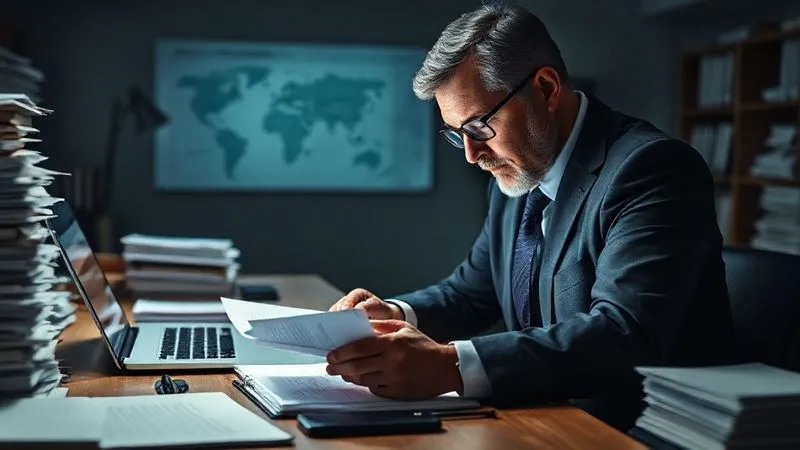 Photorealistic, professional photography, 8K, cinematic lighting, sharp focus, depth of field, shot on a high-end DSLR. A lawyer with intense focus, surrounded by stacks of legal documents and open binders, using a magnifying glass to examine a document on a brightly lit desk in a dimly lit office. A laptop displays complex legal charts in the background. The atmosphere is one of meticulous investigation and deep analysis.