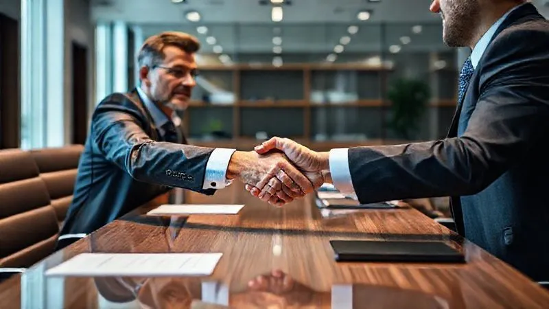 Photorealistic, professional photography, 8K, cinematic lighting, sharp focus, depth of field, shot on a high-end DSLR. A lawyer and client shaking hands firmly across a conference table, both with expressions of determined resolve. The client looks less distressed than before, indicating trust and a clear path forward. The background is a modern, clean legal office, symbolizing clarity and professionalism.