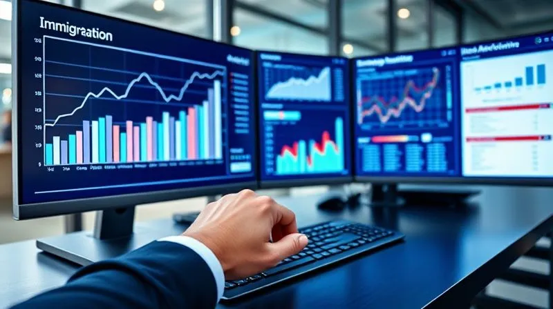 A photorealistic, professional photography shot of a sleek, modern desk with multiple monitors displaying complex data visualizations related to immigration trends and legal case management dashboards. One screen shows a dynamic bar chart tracking visa approval rates, another a client workflow. A hand is poised over a keyboard, symbolizing data analysis and strategic decision-making. Cinematic lighting, sharp focus on the screens and hand, depth of field blurring the office background. 8K hyper-detailed, shot on a high-end DSLR.