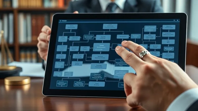 photorealistic, professional photography, 8K, cinematic lighting, sharp focus, depth of field, shot on a high-end DSLR. A complex, interconnected legal flowchart diagram is displayed on a digital tablet, with various pathways and decision points related to tax debt dischargeability rules. A lawyer's hand points to a specific, intricate section of the flow. The background is a subtly blurred law office, conveying deep legal analysis.