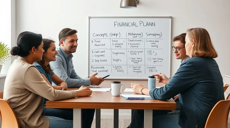 photorealistic, professional photography, 8K, cinematic lighting, sharp focus, depth of field, shot on a high-end DSLR. A diverse group of people, representing different ages and backgrounds, are gathered around a table with a financial advisor. They are looking at a whiteboard with clear, simplified financial planning concepts and timelines. The mood is engaged and hopeful, symbolizing education and proactive planning for a secure future.
