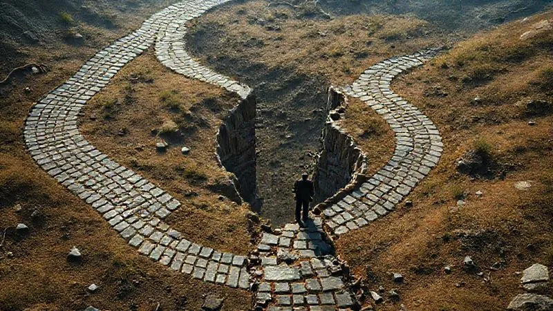 Photorealistic, professional photography, 8K, cinematic lighting, sharp focus, depth of field, shot on a high-end DSLR, a winding, complex legal path with a section visibly crumbling and disconnected, symbolizing the sudden end of legal aid funding, with a lone figure looking at the gap.
