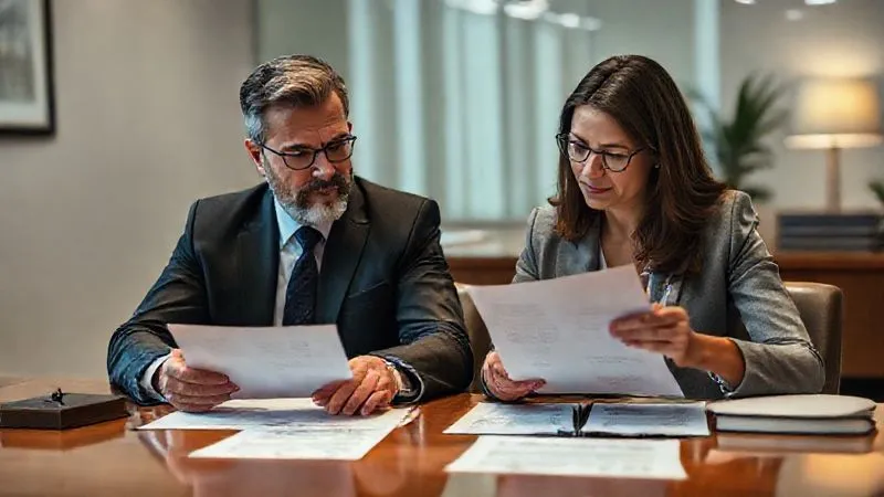 Photorealistic, professional photography, 8K, cinematic lighting, sharp focus, depth of field, shot on a high-end DSLR, a lawyer and client sitting side-by-side at a table, both looking at legal documents, with the lawyer pointing to a section and the client taking notes, conveying collaboration and guidance in a professional office setting.