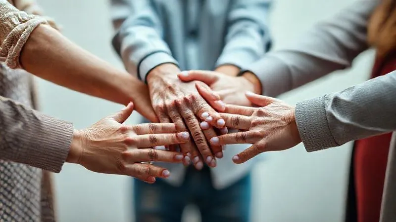 Photorealistic, professional photography, 8K, cinematic lighting, sharp focus, depth of field, shot on a high-end DSLR, a diverse group of hands, some young, some old, some male, some female, gently interlinked to form a supportive, interconnected network, against a soft, blurred background, symbolizing community legal aid and support.