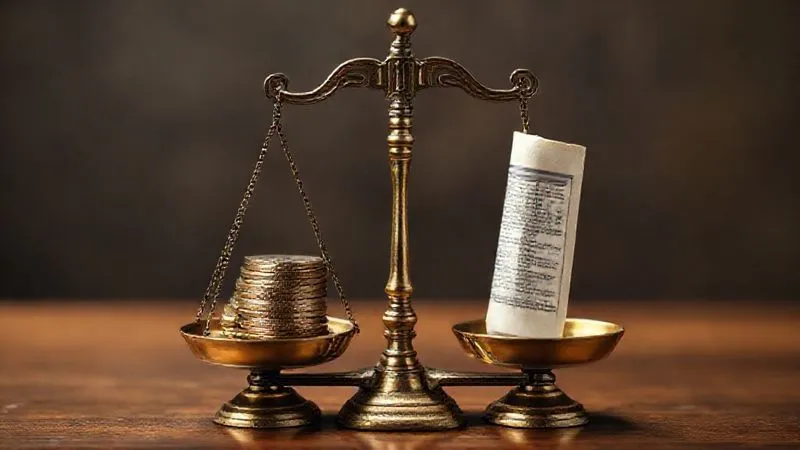 Photorealistic, professional photography, 8K, cinematic lighting, sharp focus, depth of field, shot on a high-end DSLR, a perfectly balanced antique brass scale of justice, with one pan holding a small stack of coins and the other holding a miniature legal scroll, symbolizing the delicate balance of cost, access, and justice in legal aid cases.
