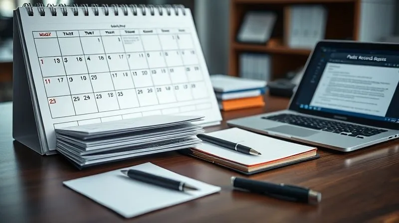 Photorealistic image of a meticulously organized desk with a calendar open to marked deadlines, a neatly stacked file labeled 'Public Records Requests', and a laptop displaying an email correspondence. A pen and notepad are ready for notes. The scene conveys organization and preparedness. Cinematic lighting, sharp focus on the desk items, depth of field blurring a background of an office, 8K hyper-detailed, shot on a high-end DSLR, professional photography.