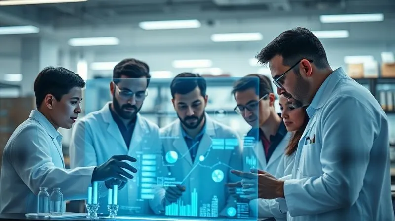 A photorealistic image of a diverse team of scientists or engineers collaborating intently around a glowing holographic display showing complex algorithms and data visualizations in a high-tech lab, symbolizing innovation and critical talent. Cinematic lighting, sharp focus on the team and display, depth of field. 8K hyper-detailed, professional photography.