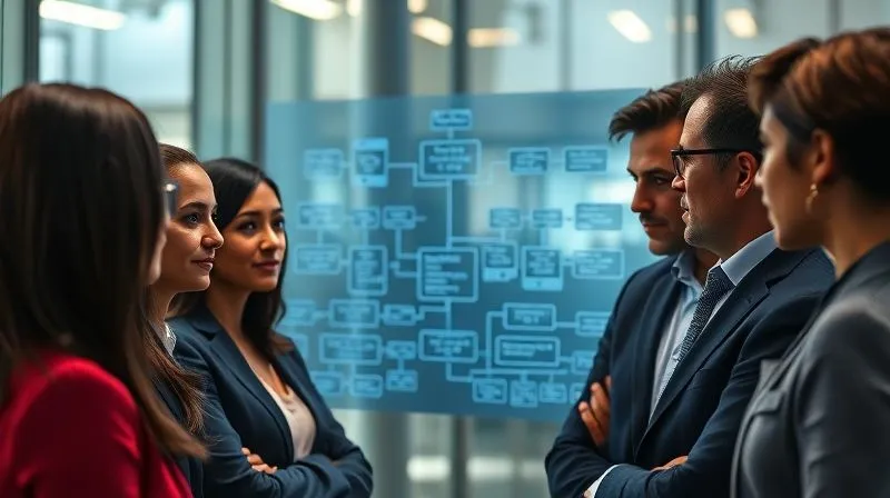 A photorealistic image of a diverse group of professionals looking at a complex flowchart or strategic plan displayed on a transparent screen, symbolizing alternative pathways and long-term planning for talent acquisition. Cinematic lighting, sharp focus on the flowchart, depth of field. 8K hyper-detailed, professional photography.