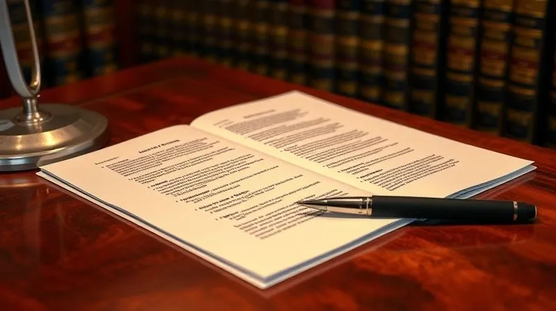 A photorealistic image of a legal brief open on a polished mahogany desk, with a pen resting beside it, legal textbooks in the background, cinematic lighting, sharp focus on the brief's text, depth of field, 8K hyper-detailed.