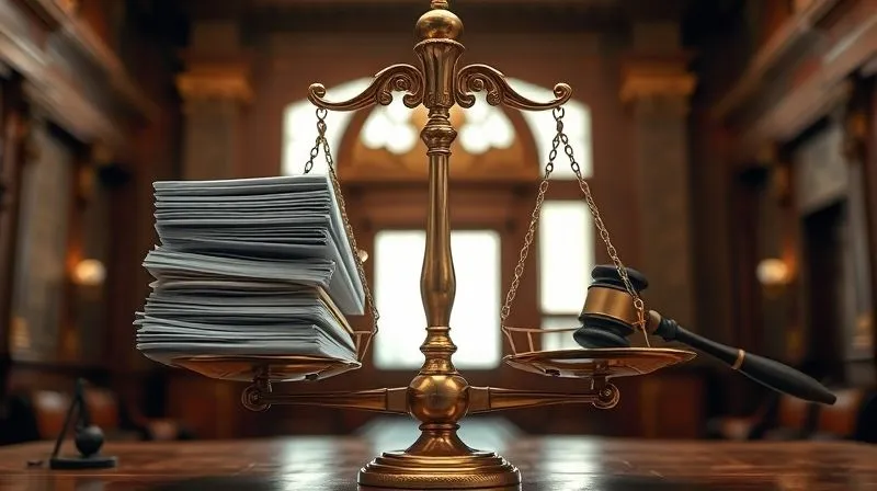 Photorealistic, professional photography, 8K, cinematic lighting, sharp focus, depth of field, shot on a high-end DSLR. A close-up of a vintage brass scale of justice, perfectly balanced, with a stack of legal documents on one side and a single, heavy gavel on the other, symbolizing the weight of evidence in administrative law. The background is a softly blurred, ornate courthouse interior.