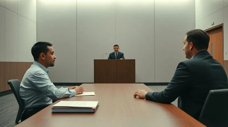 Photorealistic, professional photography, 8K, cinematic lighting, sharp focus, depth of field, shot on a high-end DSLR. A modern, minimalist administrative hearing room. Two individuals (one appellant, one agency representative) are seated at a long table, facing a single hearing officer at a raised desk. Documents are neatly stacked. The lighting is bright but focused, emphasizing the seriousness of the proceedings. The appellant appears calm and prepared, making eye contact with the hearing officer.