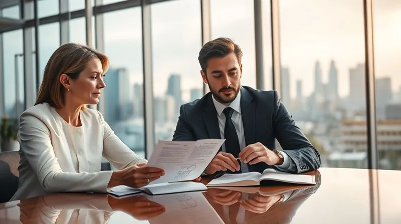 Photorealistic, professional photography, 8K, cinematic lighting, sharp focus, depth of field, shot on a high-end DSLR. Two professionals, one a client and one a lawyer, are seated at a modern conference table, reviewing documents together. The lawyer is pointing to a specific section of a legal brief, offering clear, reassuring guidance. The client looks engaged and confident. A large window behind them shows a city skyline, symbolizing progress and overcoming challenges.
