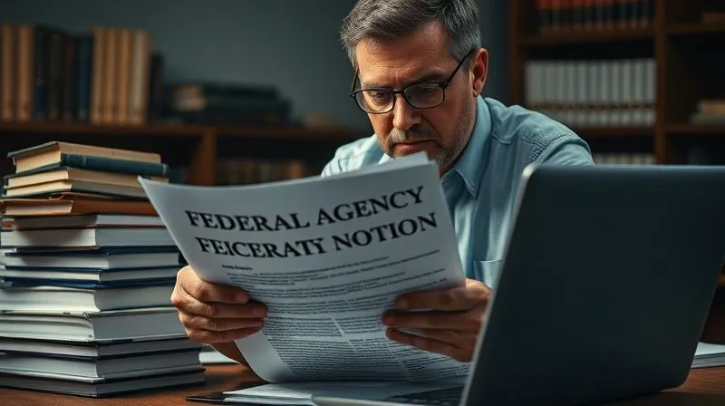 A photorealistic image of a person reviewing a complex federal agency notice document, with a stern, focused expression, surrounded by stacks of legal texts and a laptop displaying administrative law statutes. Professional photography, 8K, cinematic lighting, sharp focus, depth of field, shot on a high-end DSLR.