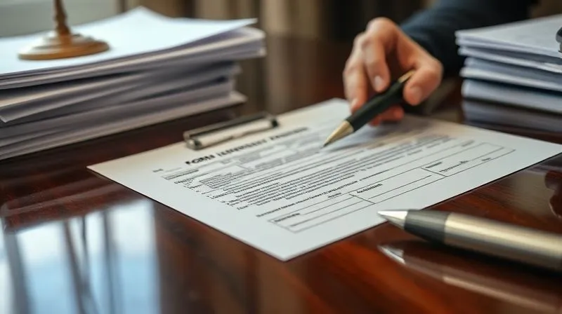 Photorealistic, professional photography, 8K, cinematic lighting, sharp focus, depth of field, shot on a high-end DSLR. A close-up of a legal form (Form I-290B) being meticulously filled out on a polished desk, surrounded by stacks of legal documents and a pen, highlighting precision and legal diligence. The background is blurred, focusing on the form itself.