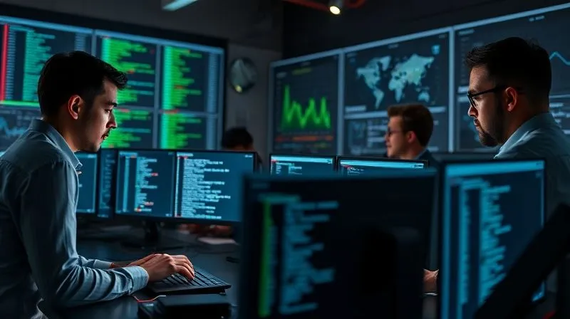 Photorealistic, professional photography, 8K, cinematic lighting, sharp focus, depth of field, shot on a high-end DSLR. A diverse team of IT professionals collaboratively working on complex code on multiple screens, with charts and diagrams in the background, illustrating a challenging and specialized project. The atmosphere is intense but focused, representing high-level IT work.