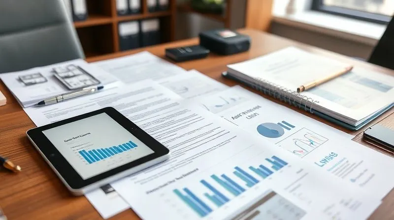 A photorealistic image of a commercial real estate agent's desk, covered with property deeds, appraisal reports, market analysis charts, and a tablet displaying property listings. Cinematic lighting, sharp focus on the documents, depth of field blurring the office background, 8K hyper-detailed.