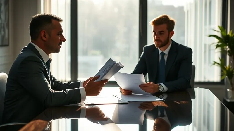 A photorealistic image of a serious but calm business owner presenting documents to a local government assessor across a conference table. Sunlight streams through a window, creating a professional and slightly intense atmosphere. 8K, cinematic lighting, sharp focus on the interaction, depth of field blurring the office background, shot on a high-end DSLR.