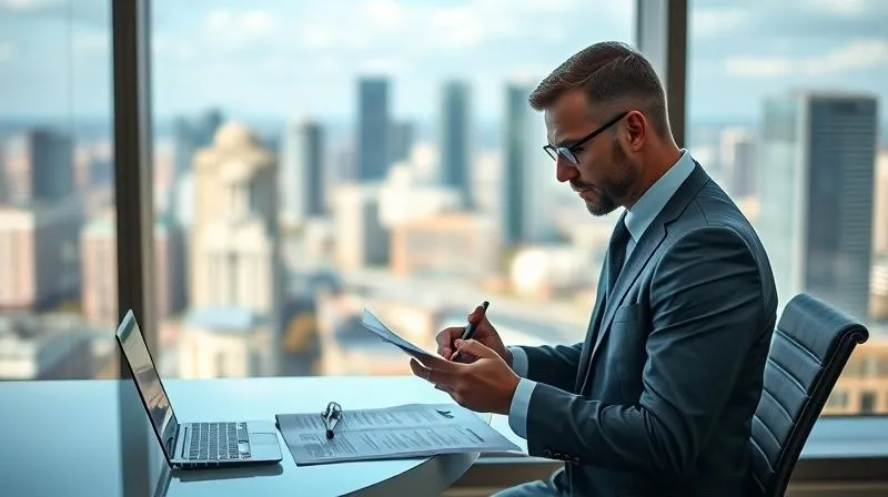 A photorealistic, professional image of a tax attorney or property consultant in a modern office, reviewing documents and making notes. A large window overlooks a cityscape. The atmosphere is focused and authoritative. 8K, cinematic lighting, sharp focus on the consultant, depth of field blurring the city outside, shot on a high-end DSLR.