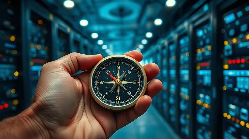 A photorealistic image of a weathered hand holding a compass, pointing steadfastly north, while in the background, a complex, glowing network of digital cables and servers stretches into the distance. The compass represents the fixed principles of originalism, while the tech represents the novel cases. Cinematic lighting, sharp focus on the compass, depth of field blurring the background. Professional photography, 8K, shot on a high-end DSLR.