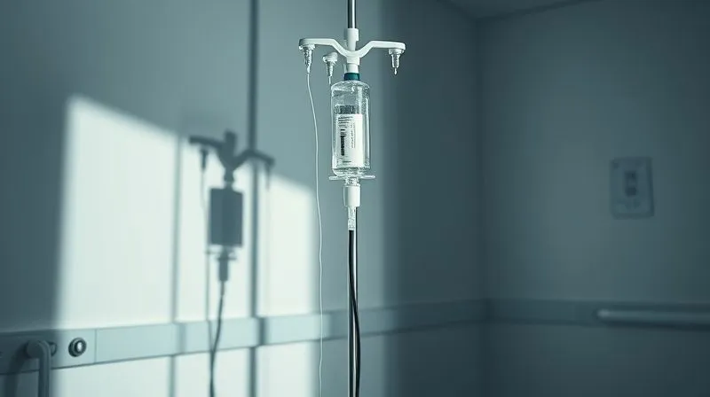 A photorealistic, sterile medical environment with a single IV drip stand, casting long, stark shadows. The focus is on the intricate tubing and needles, evoking a sense of clinical dread. Professional photography, 8K, cinematic lighting, sharp focus, depth of field, shot on a high-end DSLR.