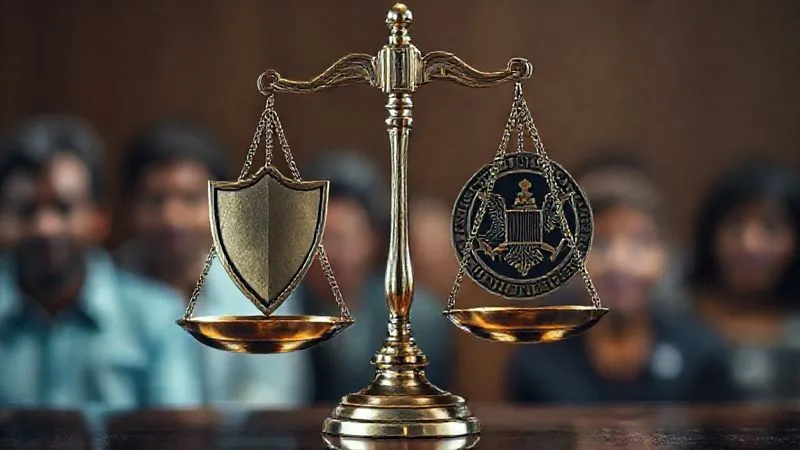 A photorealistic image of the scales of justice, perfectly balanced, with a protective shield on one side representing individual rights and a heavy governmental seal on the other, dramatic cinematic lighting, sharp focus on the scales, depth of field blurring a background of diverse individuals, 8K hyper-detailed, professional photography, shot on a high-end DSLR.