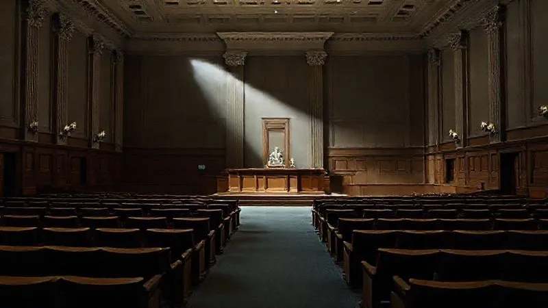 A photorealistic wide shot of a federal courtroom, empty but illuminated by a single shaft of light on the judge's bench, highlighting the gravity and solemnity of judicial review. Sharp focus on the bench, depth of field blurring the rows of seats, cinematic lighting, 8K, professional photography, shot on a high-end DSLR.