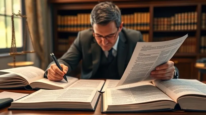 A photorealistic image of a lawyer meticulously reviewing complex legal texts and statutes, with multiple highlighted pages and open law books on a large, well-lit desk, conveying deep concentration and legal expertise. Professional photography, 8K, cinematic lighting, sharp focus on the legal documents, depth of field blurring the background, shot on a high-end DSLR.