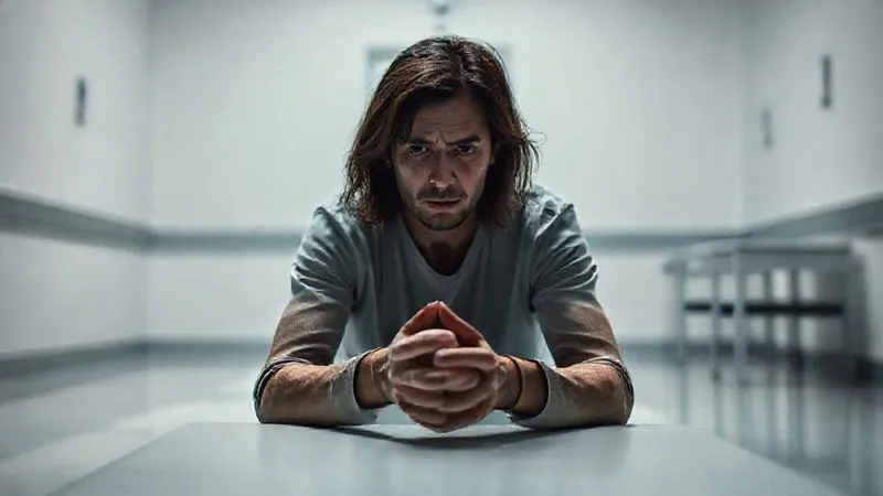 Photorealistic, professional photography, 8K, cinematic lighting, sharp focus, depth of field, shot on a high-end DSLR. A person looking disoriented and exhausted, sitting alone in a stark, sterile room. Their hands are clasped, and their gaze is unfocused. The lighting is harsh, casting long shadows, emphasizing isolation and vulnerability. The scene evokes a feeling of being worn down and unable to resist.