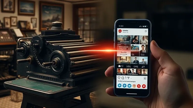 photorealistic, professional photography, 8K, cinematic lighting, sharp focus, depth of field, shot on a high-end DSLR, a split image: on one side, a historical printing press, and on the other, a modern smartphone displaying a social media feed, subtly connected by a glowing line, symbolizing the evolution of communication tools under the same First Amendment protection.
