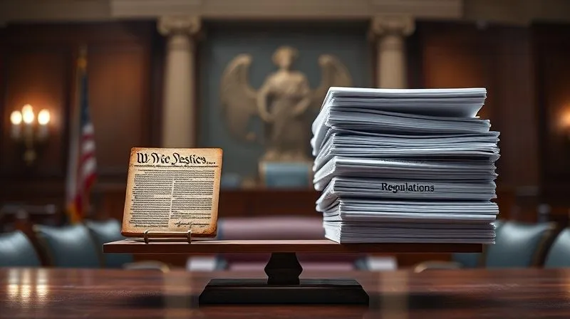 photorealistic, professional photography, 8K, cinematic lighting, sharp focus, depth of field, shot on a high-end DSLR, a balanced scale with a small, stylized representation of the U.S. Constitution on one side, and on the other, a stack of legal documents labeled 'Regulations', showing a delicate equilibrium. The background is a blurred courtroom or legislative chamber.