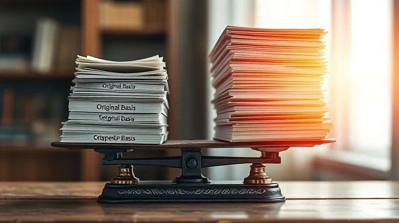 A photorealistic image of a vintage scale balancing two stacks of documents: one small stack labeled 'Original Basis' and a much larger, heavier stack labeled 'Stepped-Up Basis', with a golden glow emanating from the larger stack. Professional photography, 8K, cinematic lighting, sharp focus, depth of field, shot on a high-end DSLR, symbolizing financial relief.