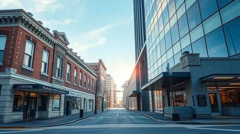 A photorealistic image depicting a seamless transition between two different commercial properties – one older, one modern – with an arrow of light connecting them, illustrating the concept of a 'like-kind exchange' without direct sale. Professional photography, 8K, cinematic lighting, sharp focus, depth of field, shot on a high-end DSLR, conveying smooth financial movement.