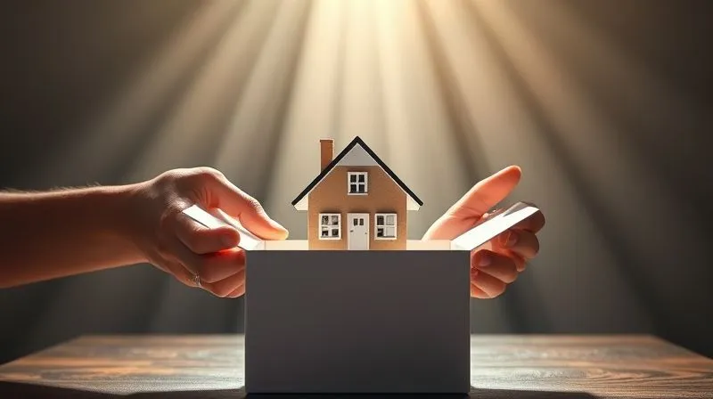 A photorealistic image of hands gently placing a miniature house into a stylized, open donation box, with rays of light shining down, symbolizing altruism meeting financial strategy. Professional photography, 8K, cinematic lighting, sharp focus, depth of field, shot on a high-end DSLR, evoking generosity and smart planning.