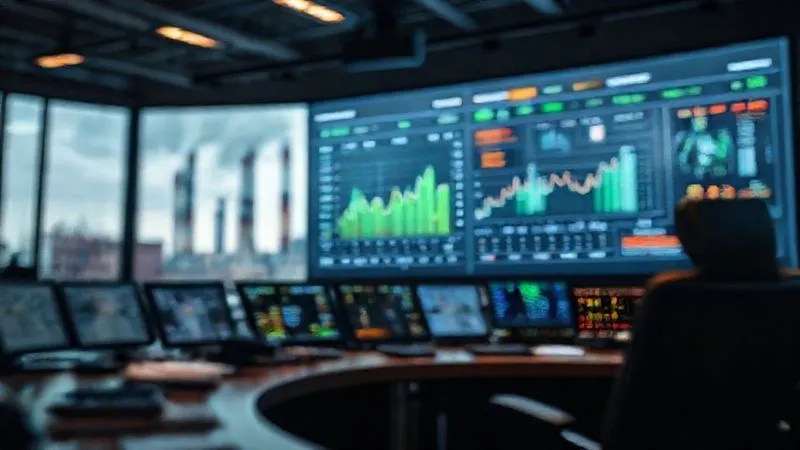 photorealistic, professional photography, 8K, cinematic lighting, sharp focus, depth of field, shot on a high-end DSLR, a sophisticated industrial control room display showing real-time air quality data graphs and alerts, with a blurred background of factory emissions stacks.