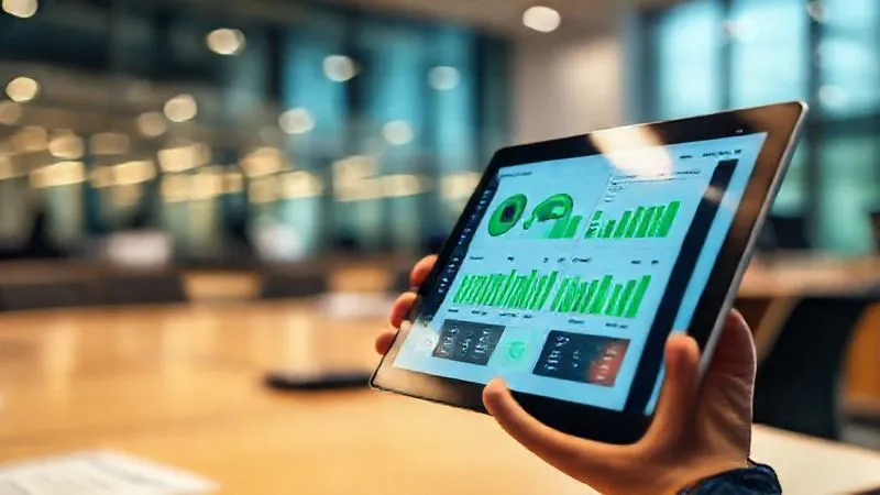 photorealistic, professional photography, 8K, cinematic lighting, sharp focus, depth of field, shot on a high-end DSLR, a close-up of a tablet or computer screen displaying a clear, organized environmental compliance report dashboard with green indicators, with a blurred background of a modern office or control room, symbolizing digital efficiency and transparency.
