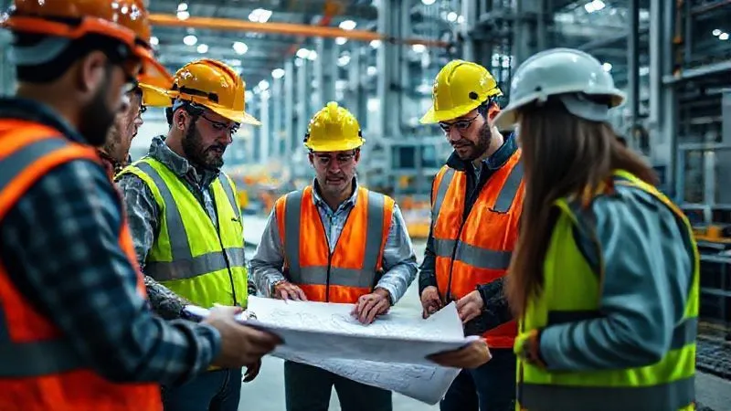 photorealistic, professional photography, 8K, cinematic lighting, sharp focus, depth of field, shot on a high-end DSLR, a diverse team of engineers and environmental specialists in hard hats and safety vests, gathered around a blueprint or tablet, actively discussing and collaborating on environmental compliance strategies within an industrial facility, conveying teamwork and shared responsibility.
