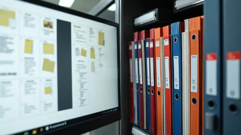 A photorealistic, professional photography, 8K, cinematic lighting, sharp focus, depth of field, shot on a high-end DSLR, showing a clear distinction between a well-organized digital archive system (folders and files on a clean computer screen) and a meticulously labeled, color-coded physical filing cabinet, both representing robust record-keeping for federal grants.