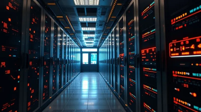 A photorealistic visual of a secure data center, with glowing lines representing encrypted data streams and strong digital barriers, conveying advanced cybersecurity measures, 8K, cinematic lighting, sharp focus.