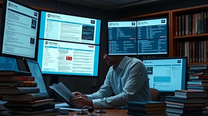 A photorealistic image of a legal professional intensely studying digital documents and news feeds on multiple screens, surrounded by legal books, representing continuous learning and adaptation to evolving cyber law, 8K, cinematic lighting, sharp focus.