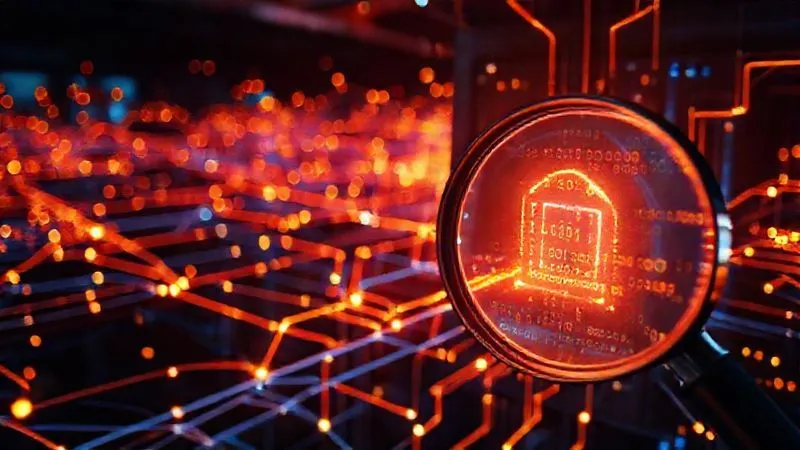 A photorealistic, professional photography, 8K, cinematic lighting, sharp focus, depth of field, shot on a high-end DSLR, of a complex digital network overlaid with glowing lines representing data flows, converging into a central secure data vault, with a magnifying glass examining specific data points. The overall impression is one of meticulous data mapping and inventory.