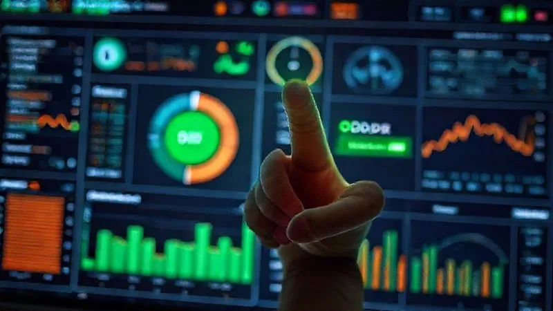 A photorealistic, professional photography, 8K, cinematic lighting, sharp focus, depth of field, shot on a high-end DSLR, of a sophisticated digital dashboard displaying real-time compliance metrics, data flow monitoring, and audit schedules, with a human hand pointing to a 'GDPR Compliance Status: Green' indicator, symbolizing continuous monitoring and proactive management.