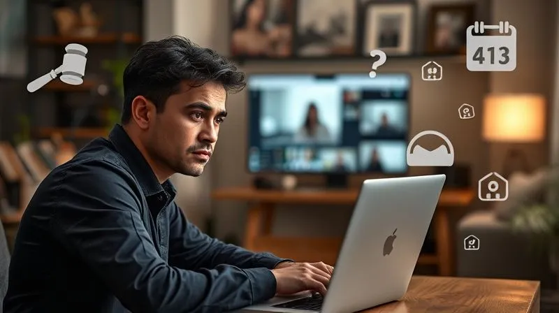 A photorealistic, professional photography, 8K, cinematic lighting, sharp focus, depth of field, shot on a high-end DSLR image depicting a person sitting in front of a laptop, looking slightly perplexed or concerned. The screen shows a blurred virtual meeting. Around the person, subtle visual cues like a faint legal gavel, a question mark, and a calendar icon are floating, symbolizing the complexities and risks of remote hiring compliance. The background is a modern home office, creating a sense of a common remote work setting. The mood is one of thoughtful caution.