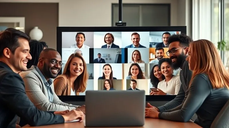 A photorealistic, professional photography, 8K, cinematic lighting, sharp focus, depth of field, shot on a high-end DSLR image of a diverse group of professionals (various ages, ethnicities, genders) engaged in a collaborative virtual meeting on a large screen. The individuals are smiling and actively participating, with a sense of mutual respect and understanding. The background is a modern, inclusive office space, symbolizing a culture of compliance, diversity, and belonging in a remote work setting. The lighting is warm and inviting.