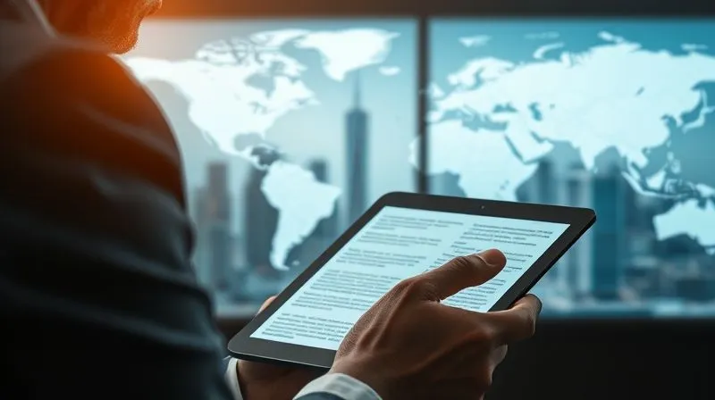 A photorealistic image depicting a person looking at a digital tablet displaying complex legal texts and graphs, with a blurred background of international cityscapes or a world map. The image conveys the constant need to monitor global tax developments. Professional photography, 8K, cinematic lighting, sharp focus, depth of field, shot on a high-end DSLR.
