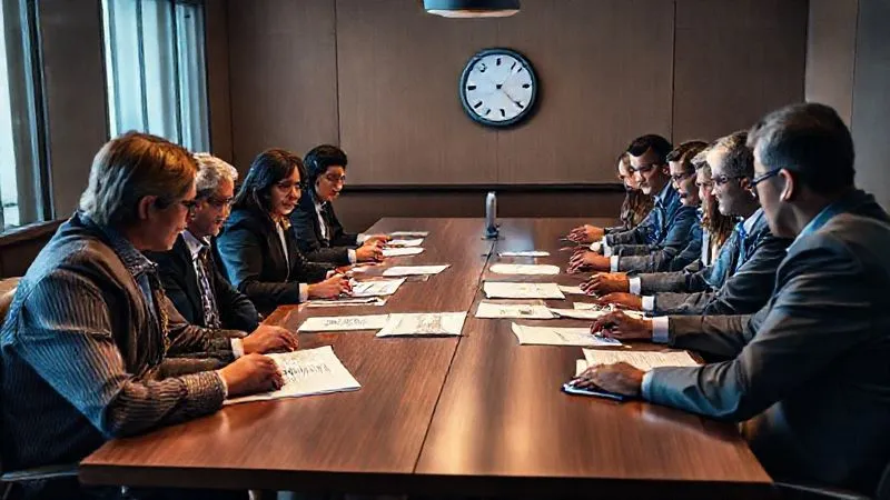 Photorealistic, professional photography, 8K, cinematic lighting, sharp focus, depth of field, shot on a high-end DSLR. A diverse group of university administrators, looking concerned but determined, gathered around a large conference table, reviewing documents and discussing a crisis. A digital clock on the wall shows early morning hours, emphasizing urgency.